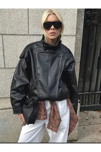 Viral Oversize Kadın Deri Ceket Yüksek Yaka Siyah Urban Style Kadın Deri Ceket - Siyah&Black - 1