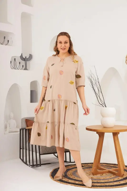 Viscose and Embroidery Detailed Plus Size Dress Mink - BÜYÜKBEDENIZ
