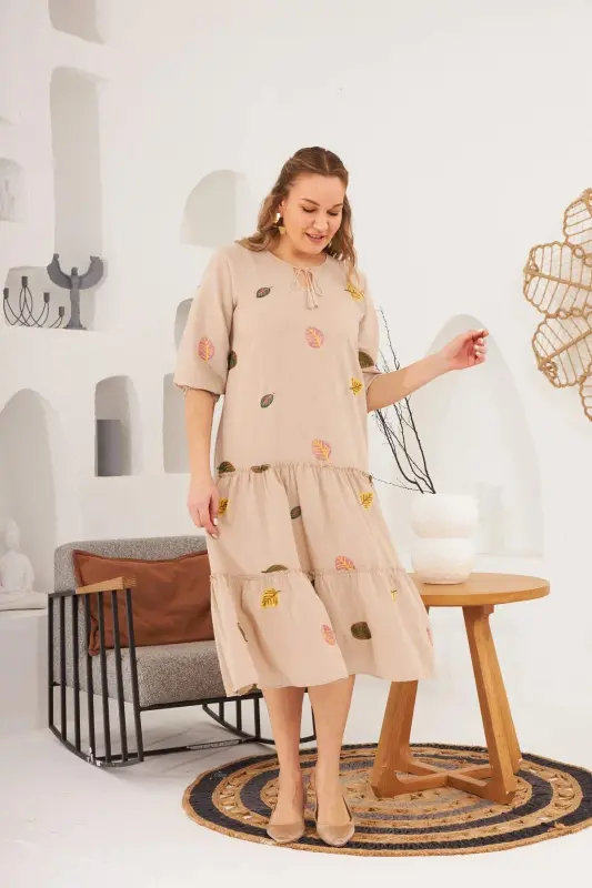 Viscose and Embroidery Detailed Plus Size Dress Mink - 3