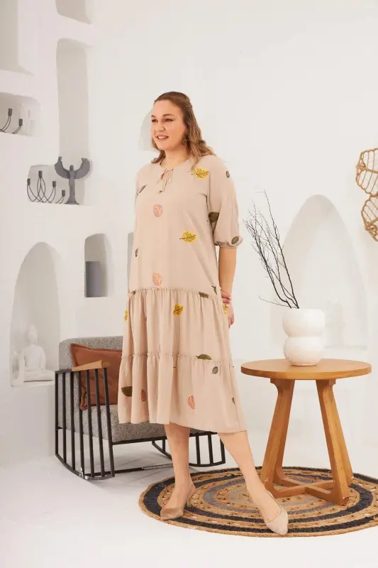 Viscose and Embroidery Detailed Plus Size Dress Mink - 5