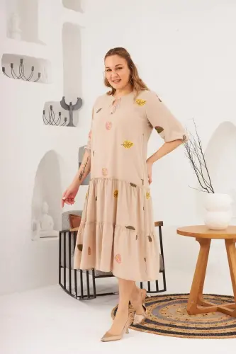 Viscose and Embroidery Detailed Plus Size Dress Mink - 6