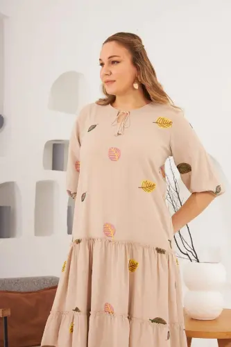 Viscose and Embroidery Detailed Plus Size Dress Mink - 7