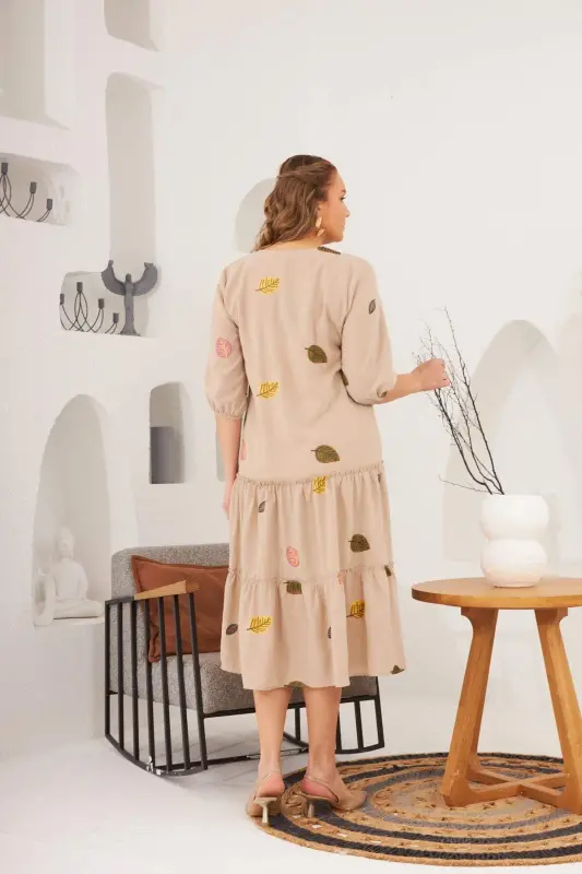 Viscose and Embroidery Detailed Plus Size Dress Mink - 9