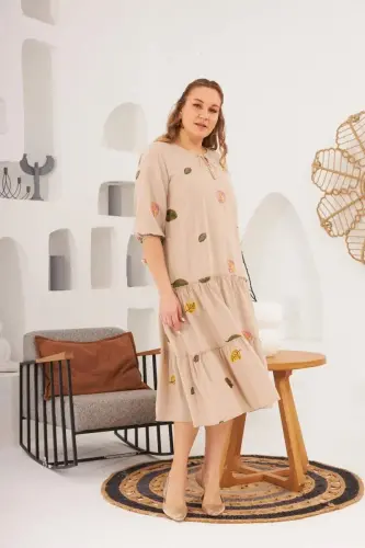 Viscose and Embroidery Detailed Plus Size Dress Mink - BÜYÜKBEDENIZ (1)