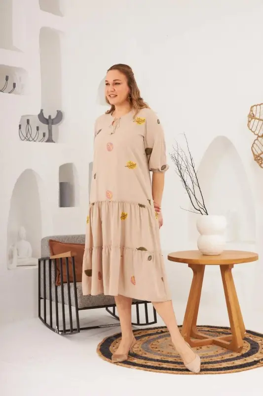 Viscose and Embroidery Detailed Plus Size Dress Mink - 5
