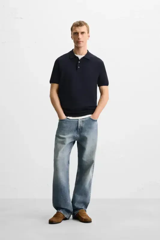 Viscose Blend Knitted Polo Shirt - Navy - 1