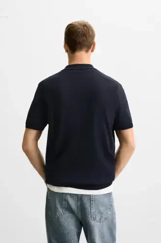 Viscose Blend Knitted Polo Shirt - Navy - 3
