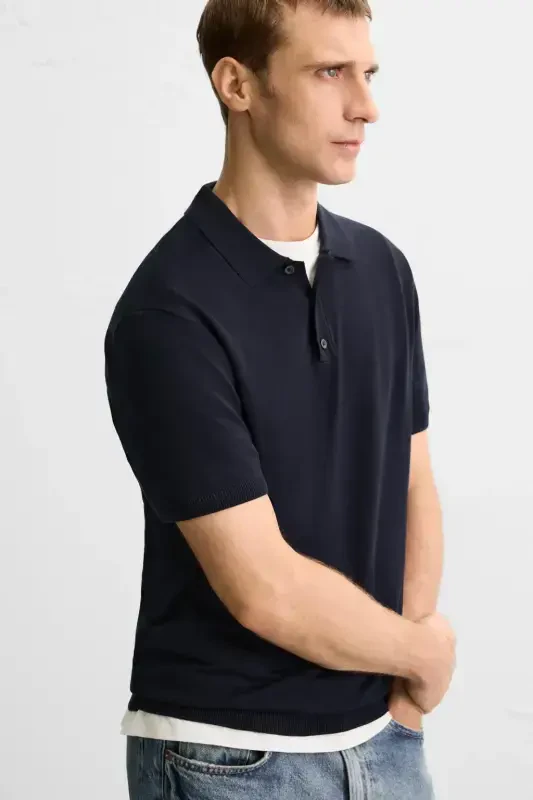 Viscose Blend Knitted Polo Shirt - Navy - 5