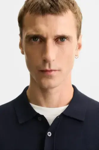 Viscose Blend Knitted Polo Shirt - Navy - 6