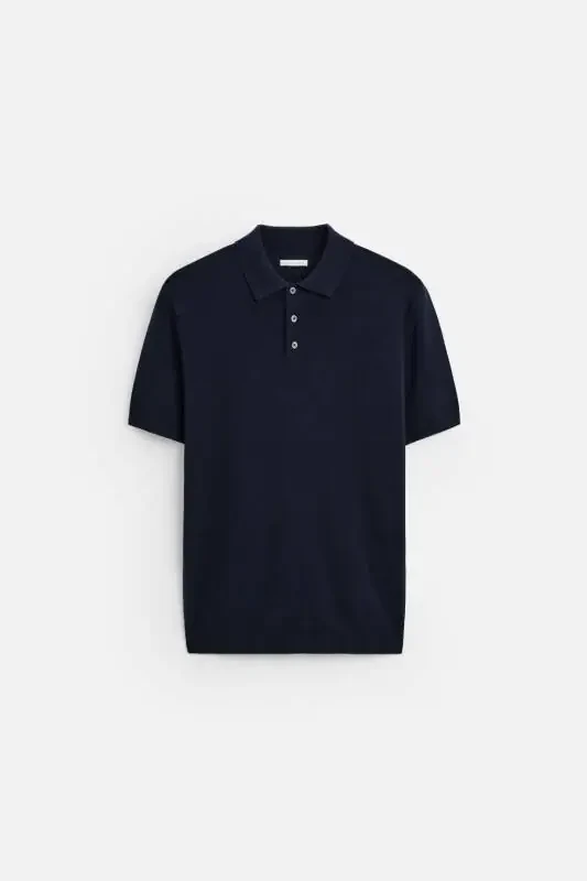 Viscose Blend Knitted Polo Shirt - Navy - 7