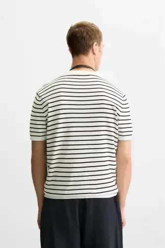 VISCOSE BLEND KNITTED T-SHIRT-Ecru / Blue - 3