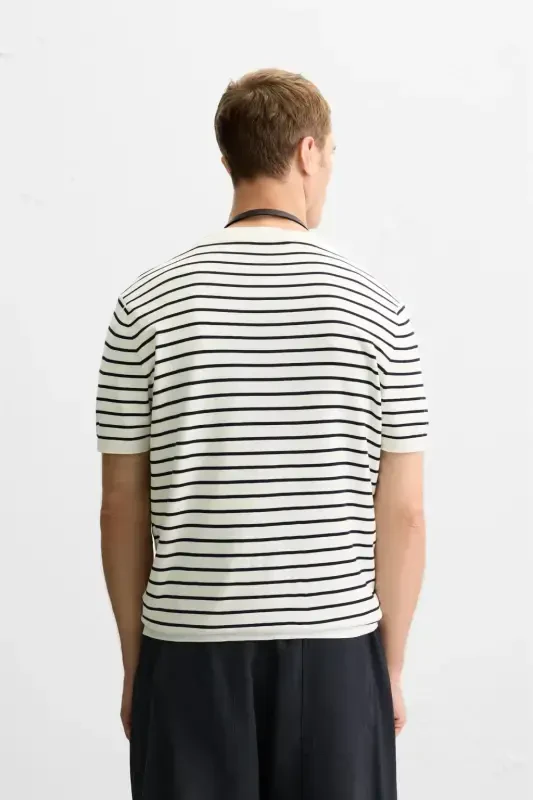 VISCOSE BLEND KNITTED T-SHIRT-Ecru / Blue - 3