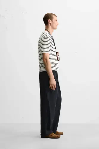 VISCOSE BLEND KNITTED T-SHIRT-Ecru / Blue - 4