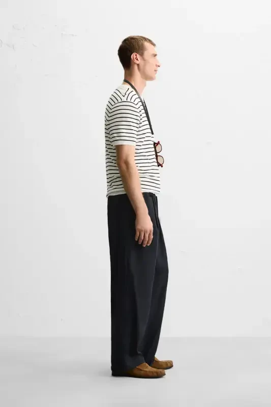 VISCOSE BLEND KNITTED T-SHIRT-Ecru / Blue - 4