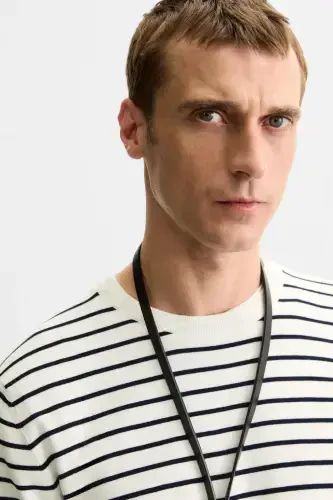 VISCOSE BLEND KNITTED T-SHIRT-Ecru / Blue - 5