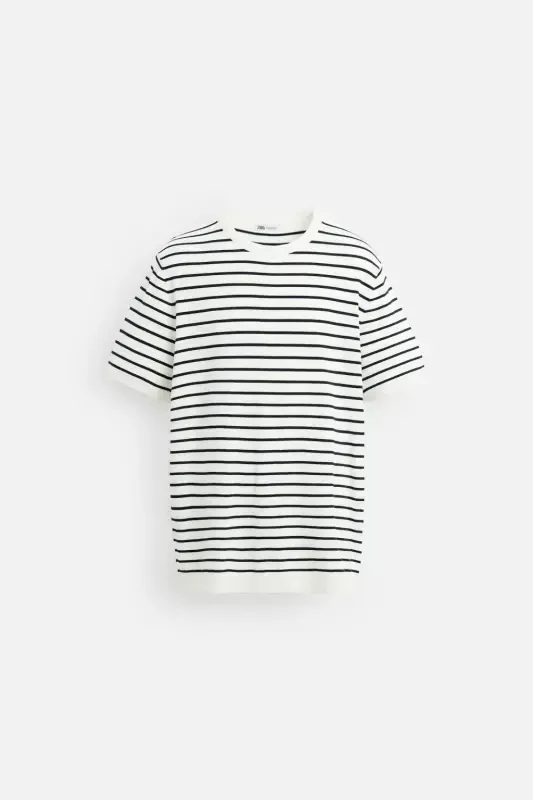 VISCOSE BLEND KNITTED T-SHIRT-Ecru / Blue - 6