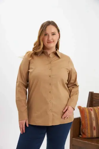 Viscose Crochet Detailed Plus Size Shirt Mink - 1