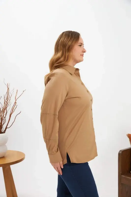 Viscose Crochet Detailed Plus Size Shirt Mink - 2