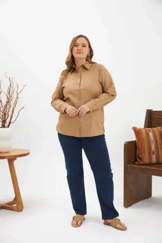 Viscose Crochet Detailed Plus Size Shirt Mink - 4