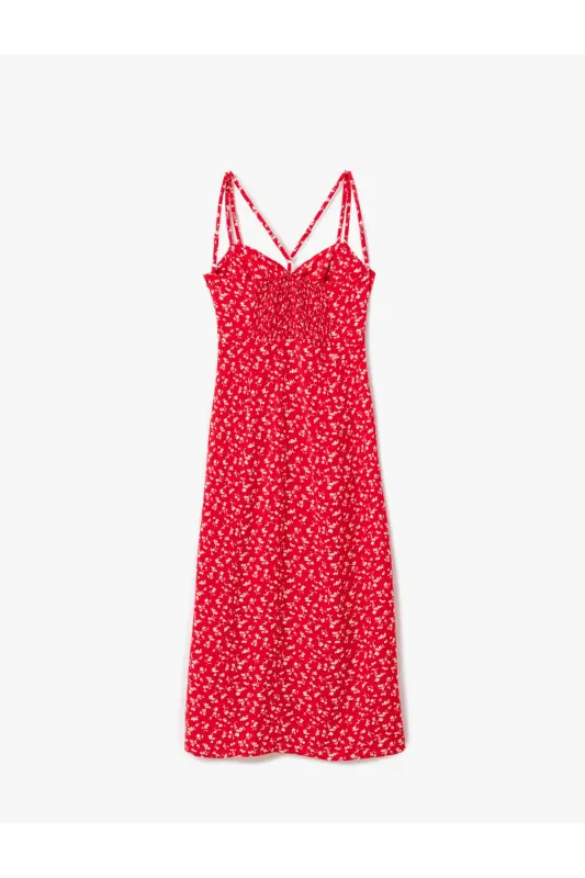 Viscose Double Strap Back Detailed Floral Slit A-Line Midi Dress - 4