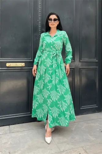 Viscose Fabric Button Detailed Shirt Dress - GREEN - 1