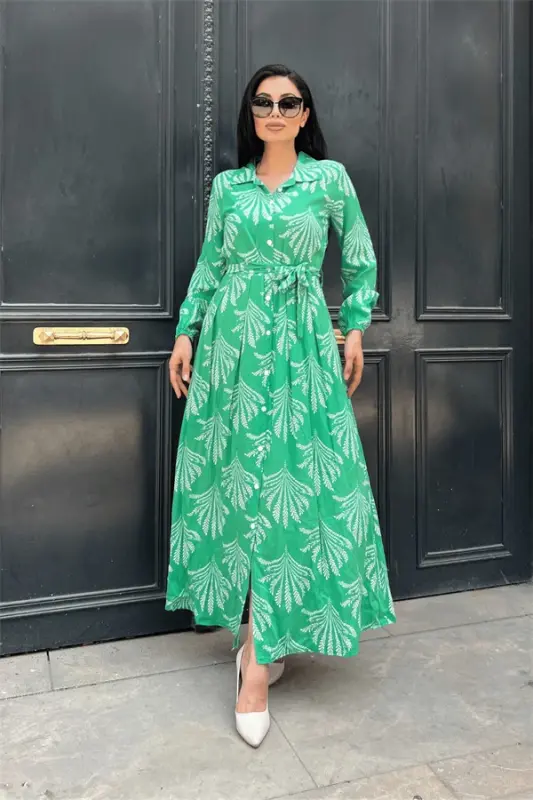 Viscose Fabric Button Detailed Shirt Dress - GREEN - 1