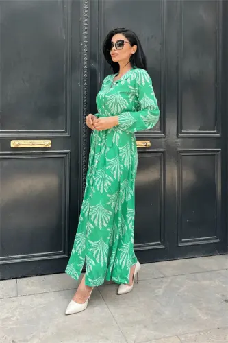 Viscose Fabric Button Detailed Shirt Dress - GREEN - BÜYÜKBEDENIZ (1)