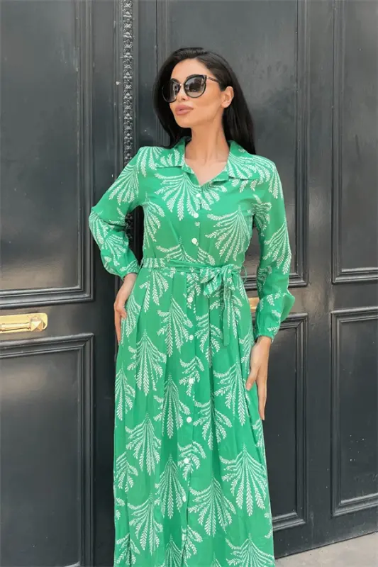 Viscose Fabric Button Detailed Shirt Dress - GREEN - 3