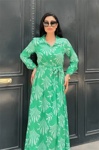 Viscose Fabric Button Detailed Shirt Dress - GREEN - 4