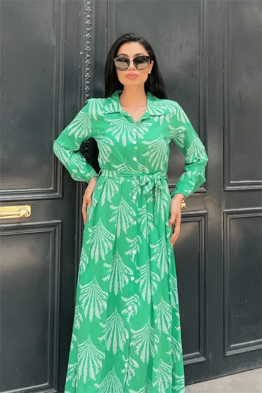 Viscose Fabric Button Detailed Shirt Dress - GREEN - 4