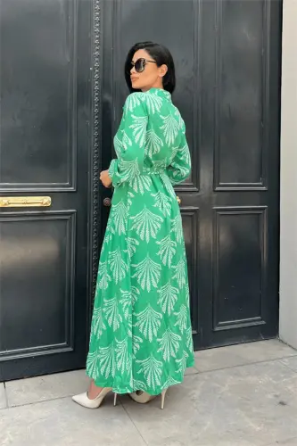 Viscose Fabric Button Detailed Shirt Dress - GREEN - 5