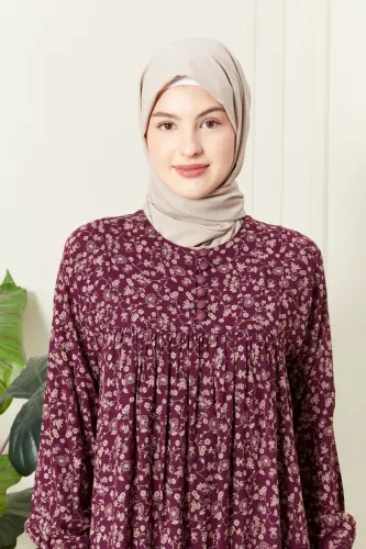 Büzgü Robadan Önü Düğmeli Viskon Kumaş Tessetür Giyim Anne Elbisesi Namaz Elbisesi - Bordo11 - 6