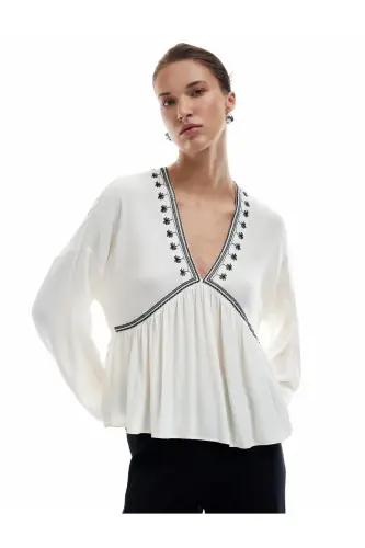 Viscose Fabric Embroidered Detail Long Sleeve V-Neck Blouse - KOTON (1)