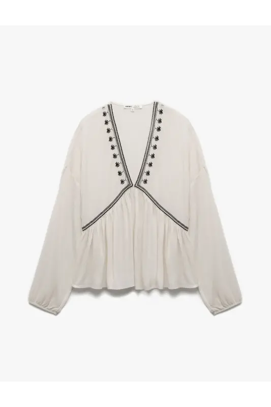 Viscose Fabric Embroidered Detail Long Sleeve V-Neck Blouse - 3