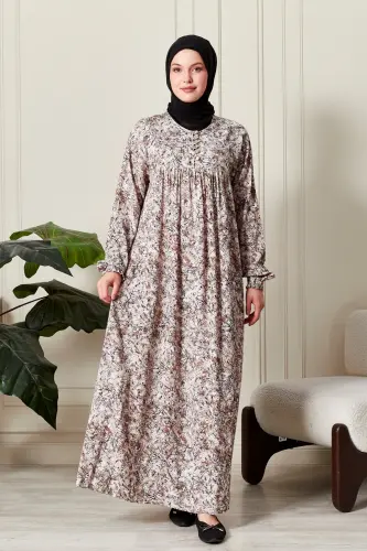 Viscose Fabric Modest Mother Dress Prayer Dress with Ruched Yoke and Buttoned Front - Beige with Nature Pattern 