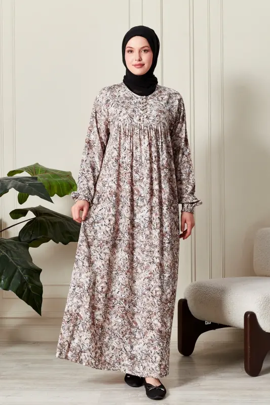 Viscose Fabric Modest Mother Dress Prayer Dress with Ruched Yoke and Buttoned Front - Beige with Nature Pattern - 1