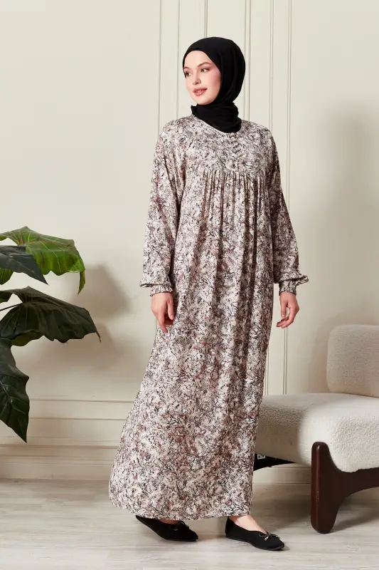 Viscose Fabric Modest Mother Dress Prayer Dress with Ruched Yoke and Buttoned Front - Beige with Nature Pattern - 3