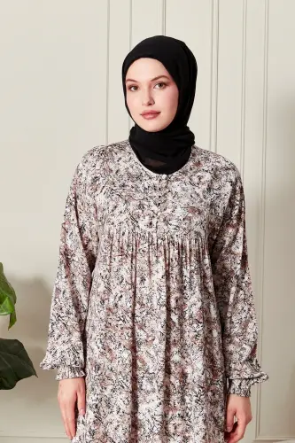 Viscose Fabric Modest Mother Dress Prayer Dress with Ruched Yoke and Buttoned Front - Beige with Nature Pattern - 5