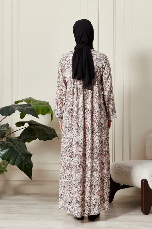 Viscose Fabric Modest Mother Dress Prayer Dress with Ruched Yoke and Buttoned Front - Beige with Nature Pattern - 7