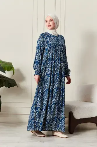 Viscose Fabric Modest Wear Mom Dress Prayer Dress with Smocked Yoke and Front Buttons - Ethnic Pattern Blue 2 - 1