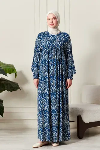 Viscose Fabric Modest Wear Mom Dress Prayer Dress with Smocked Yoke and Front Buttons - Ethnic Pattern Blue 2 - FISTAN (1)