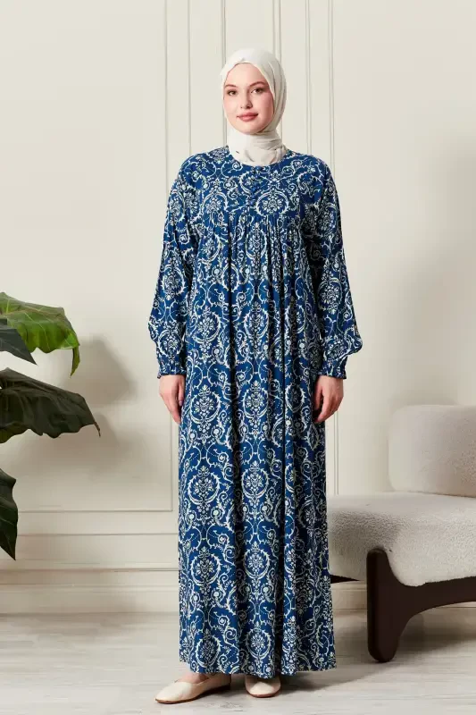 Viscose Fabric Modest Wear Mom Dress Prayer Dress with Smocked Yoke and Front Buttons - Ethnic Pattern Blue 2 - 2