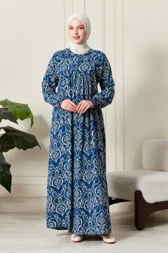 Viscose Fabric Modest Wear Mom Dress Prayer Dress with Smocked Yoke and Front Buttons - Ethnic Pattern Blue 2 - 3
