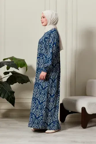 Viscose Fabric Modest Wear Mom Dress Prayer Dress with Smocked Yoke and Front Buttons - Ethnic Pattern Blue 2 - 4