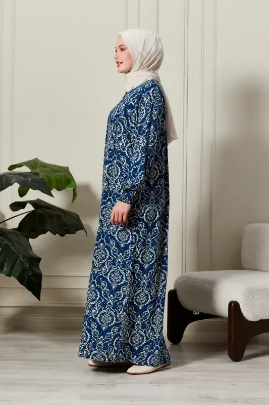 Viscose Fabric Modest Wear Mom Dress Prayer Dress with Smocked Yoke and Front Buttons - Ethnic Pattern Blue 2 - 4