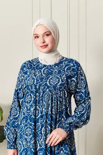 Viscose Fabric Modest Wear Mom Dress Prayer Dress with Smocked Yoke and Front Buttons - Ethnic Pattern Blue 2 - 5