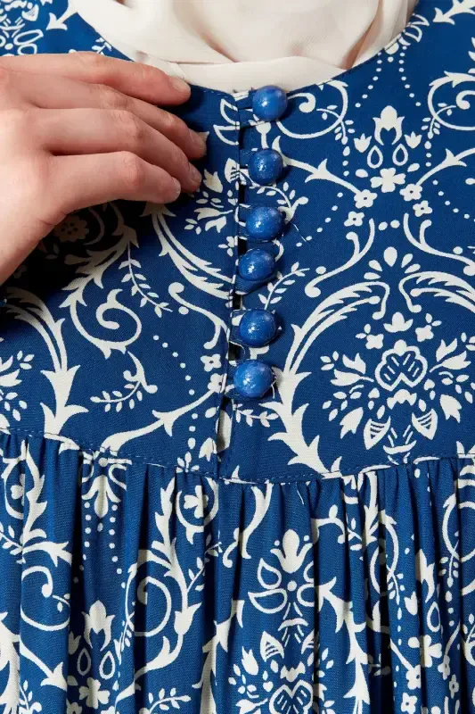 Viscose Fabric Modest Wear Mom Dress Prayer Dress with Smocked Yoke and Front Buttons - Ethnic Pattern Blue 2 - 6