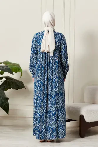 Viscose Fabric Modest Wear Mom Dress Prayer Dress with Smocked Yoke and Front Buttons - Ethnic Pattern Blue 2 - 7