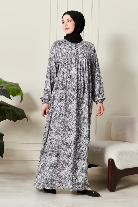 Viscose Fabric Modest Wear Mother Dress Prayer Dress with Smocked Yoke and Buttoned Front - Nature Pattern Gray - 3