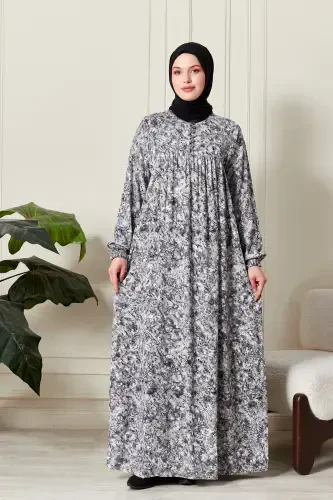 Viscose Fabric Modest Wear Mother Dress Prayer Dress with Smocked Yoke and Buttoned Front - Nature Pattern Gray - 4
